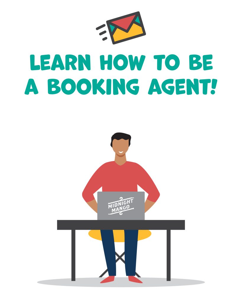 A person with short hair sat at a desk on a laptop. The person is wearing a red jumper and blue trousers. Above them is the text "Learn how to be a booking agent!" with a colourful envelope above the text.
